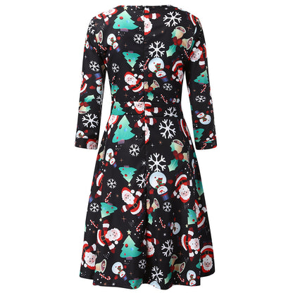 Merry Christmas Round Neck 3/4 Length Short Dresses