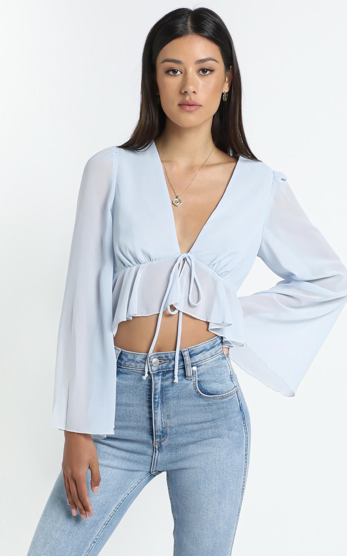 Sexy Women Summer Chiffon Deep V Neck Shirts-Light Blue-S-Free Shipping at meselling99
