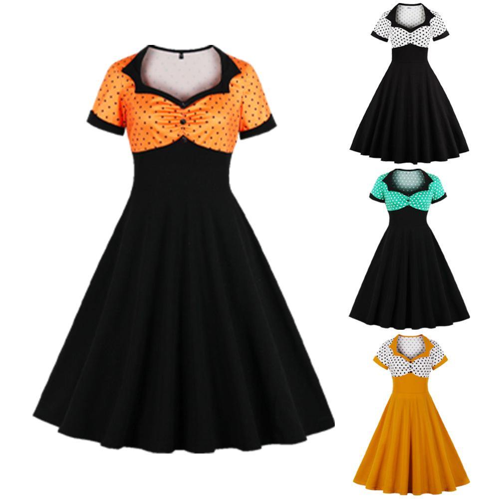 Square Neckline Dot Print Plus Size Retro Dresses-STYLEGOING