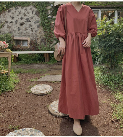 Casual Vintage Women Latern Sleeves Fall Long Dress-STYLEGOING