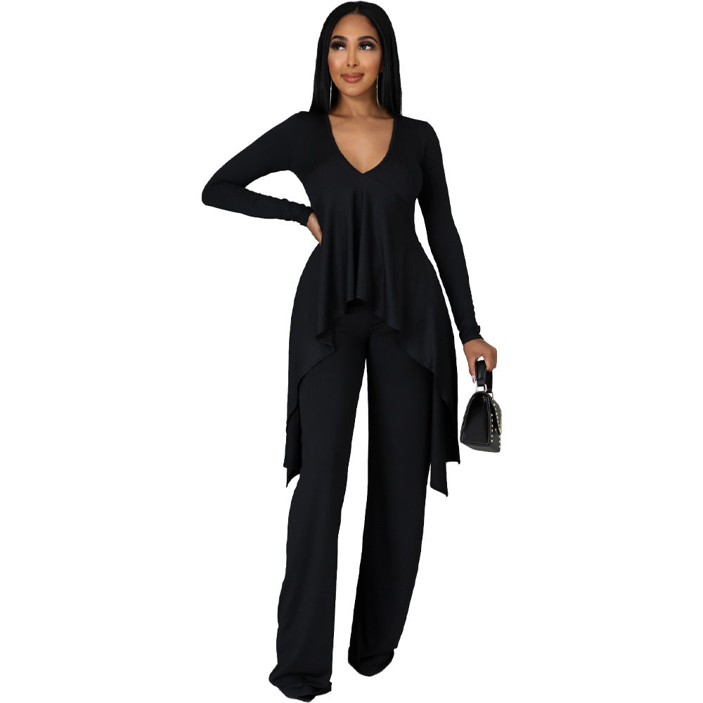 Sexy Long Sleeves Irregular Tops and Pants Set for Women