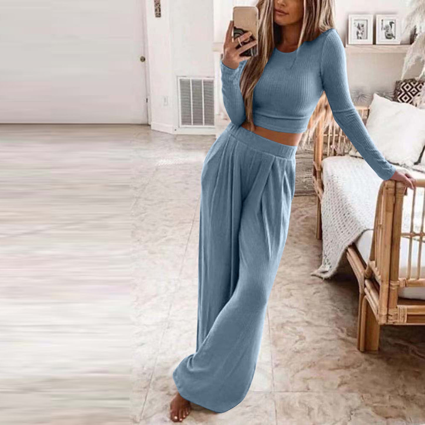 Casual Women Knitting Short Tops and Pants Sets