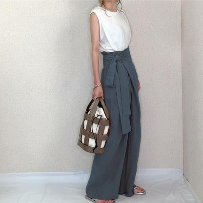 Casual High Waist Linen Lace Up Women Cozy Pants