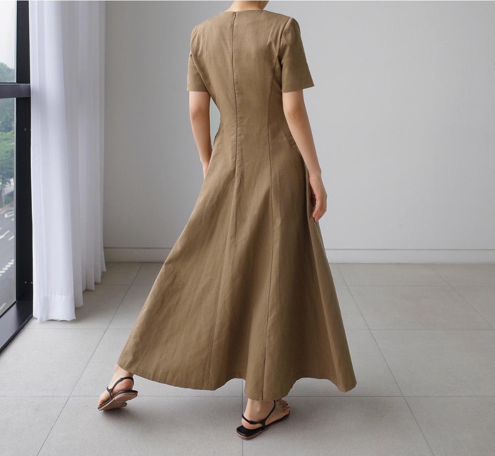 Women Short Sleeves Pocket V Neck Long Maxi Dresses-STYLEGOING