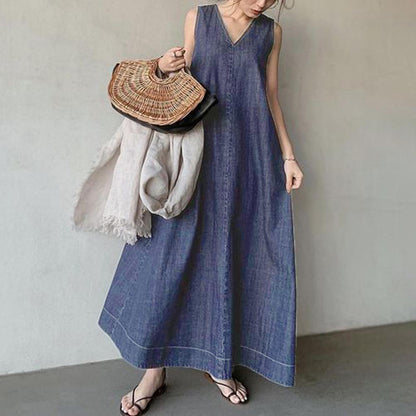Summer Cozy Demin Lace Up Back Long Dresses-STYLEGOING