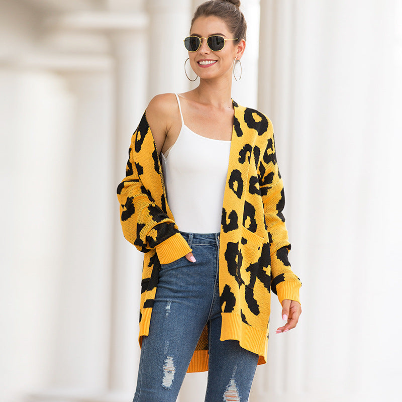 Women Leopard Design Pockets Knitting Cardigans
