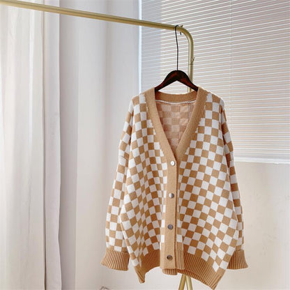 Women Chessboard Print Loose Knitting Cardigans