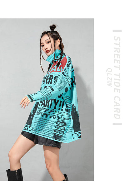 Plus Sizes Turtleneck Newspaper Print Women Sweaters