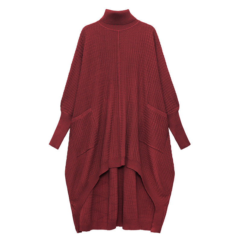 Women High Neck High Low Designed Knitted Long Cozy Dresses