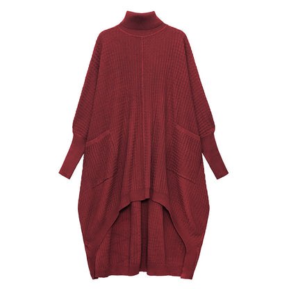 Women High Neck High Low Designed Knitted Long Cozy Dresses