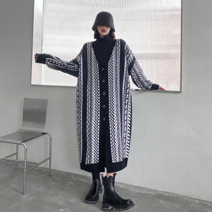 Casual Black Striped Long Knitting Cardigan Tops