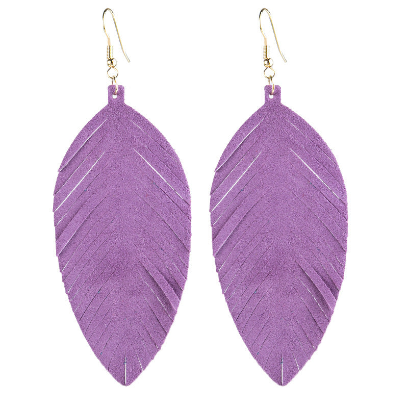 Leaves Designed Tassels Pu Leather Women Earrings