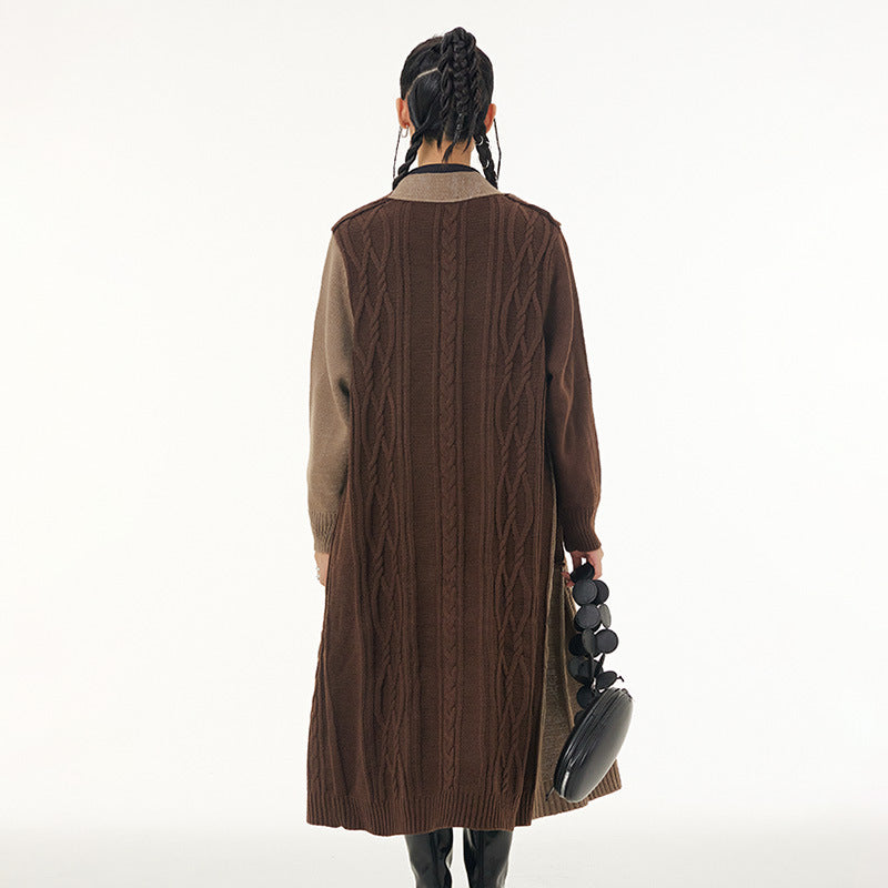 Vintage Contrast Design Long Knitted Coats