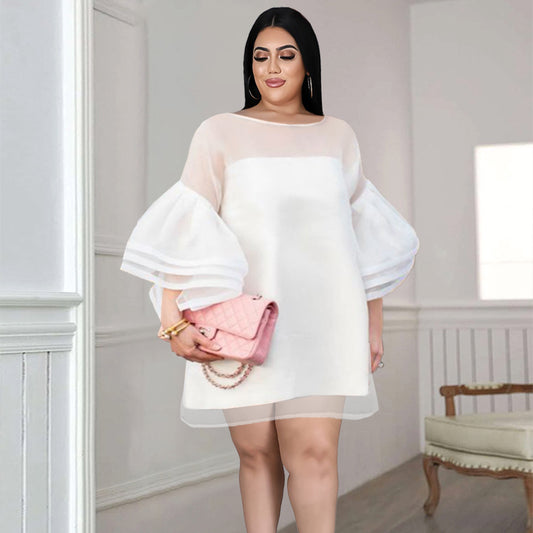 Sweety Tulle See Through Trumpet Sleeves Short White Plus Sizes Dresses