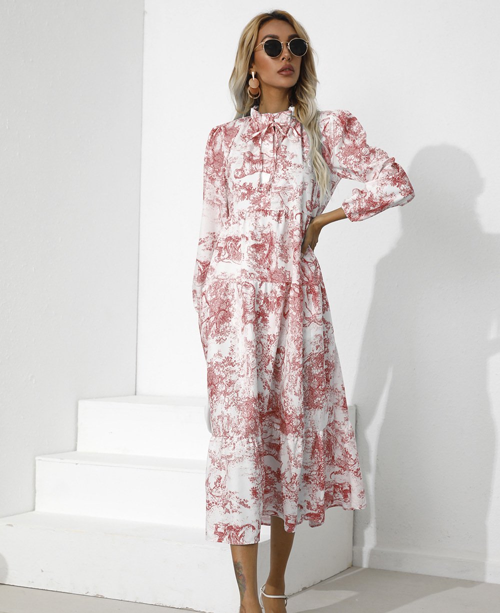Women Round Neck Loose Fall Long Dresses-STYLEGOING