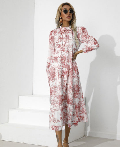 Women Round Neck Loose Fall Long Dresses-STYLEGOING