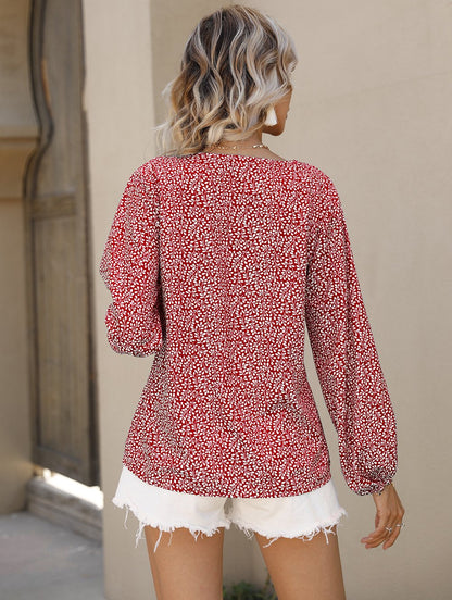 Women Small Foral V Neck Summer Top Blouses-STYLEGOING