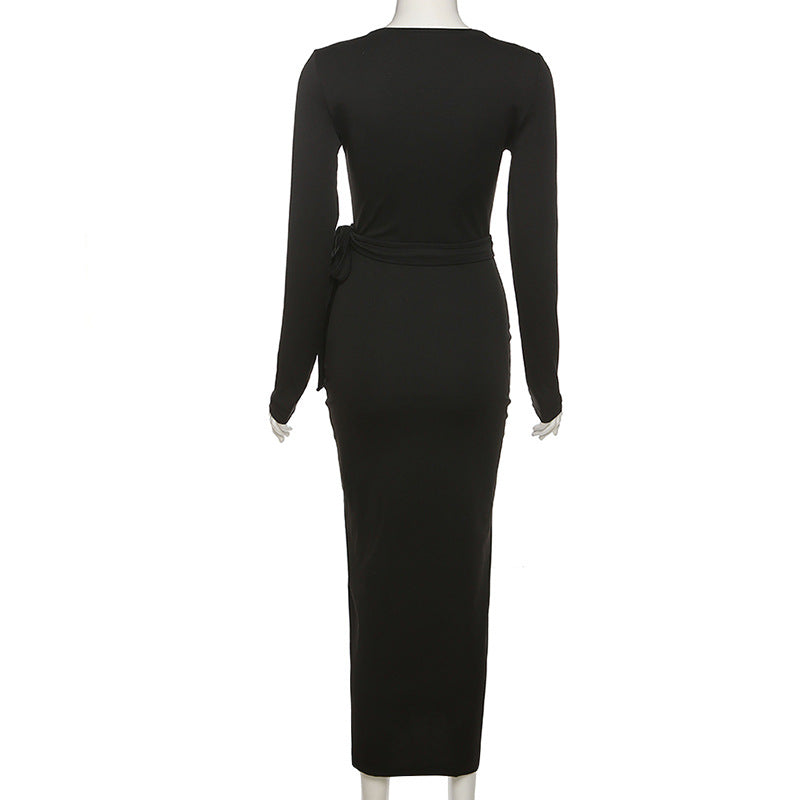 Sexy Black Split Front Long Sleeve Dresses