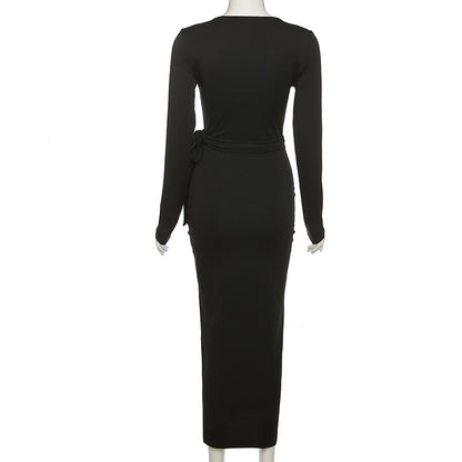 Sexy Black Split Front Long Sleeve Dresses