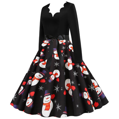 Women Vintage Christmas Snowmen Slim Waist Dresses-STYLEGOING