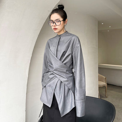 Designed Stand Collar Irregular Women Long Sleeves Shirts