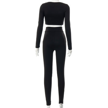 Women High Waist Legging Pants and Long Sleeves Short Tops