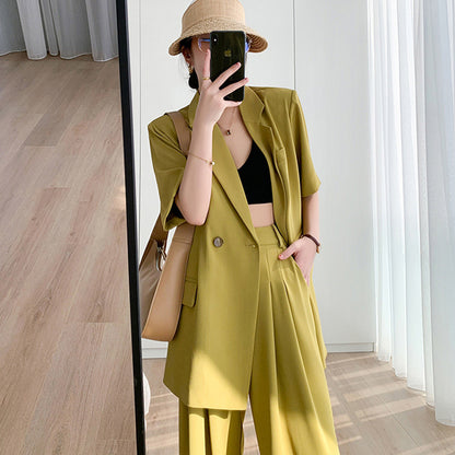 Elegant Short Sleeves Blazer and Wide Leg Pants Summer Outfits for Women