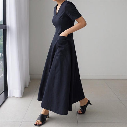 Women Short Sleeves Pocket V Neck Long Maxi Dresses-STYLEGOING