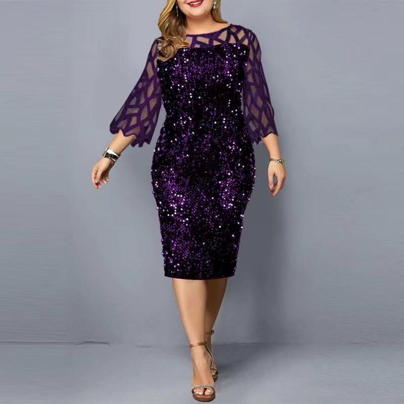 Women Sequin Plus Sizes 3/4 Length Sleeves Fall Dresses-STYLEGOING