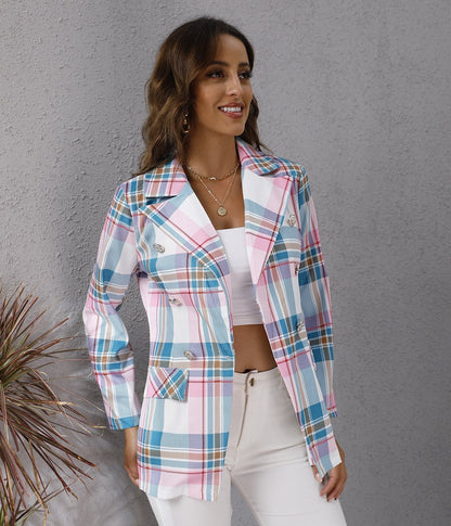 Women Colorful Plaid Long Sleeves Blazers-STYLEGOING