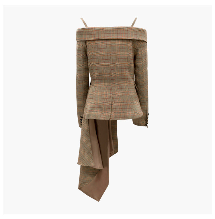 Luxury Off The Shoulder Plaid Irregular Blazer Overcoat