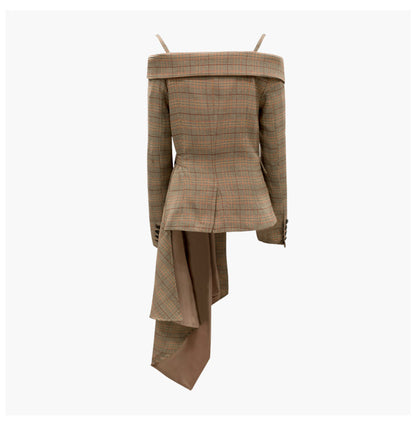 Luxury Off The Shoulder Plaid Irregular Blazer Overcoat