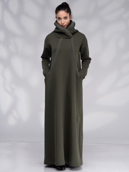 Casual Army Green High Neck Fall Long Dresses