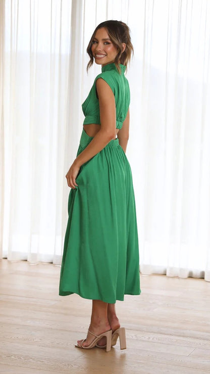 Fashion Stand Collar Waist Baring Summer Long Dresses