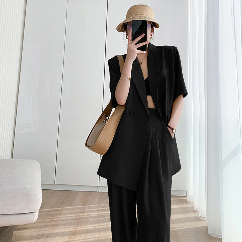 Elegant Short Sleeves Blazer and Wide Leg Pants Summer Outfits for Women
