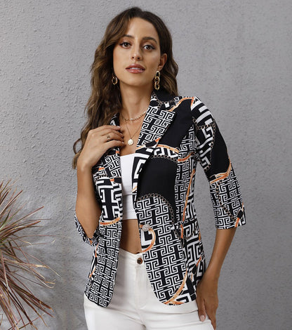 Women Floral Print Turnover Collar Fall Blazers-STYLEGOING