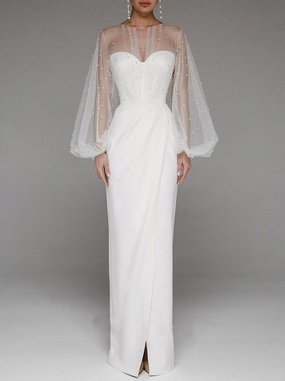 Elegant Strapless Pearl Design Long Dresses for Women