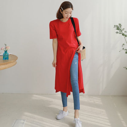 Summer Casual Split Front Short Sleeves Long T Shirts for Women