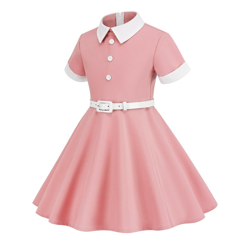 Vintage Short Sleeves Kids Dresses with Belt