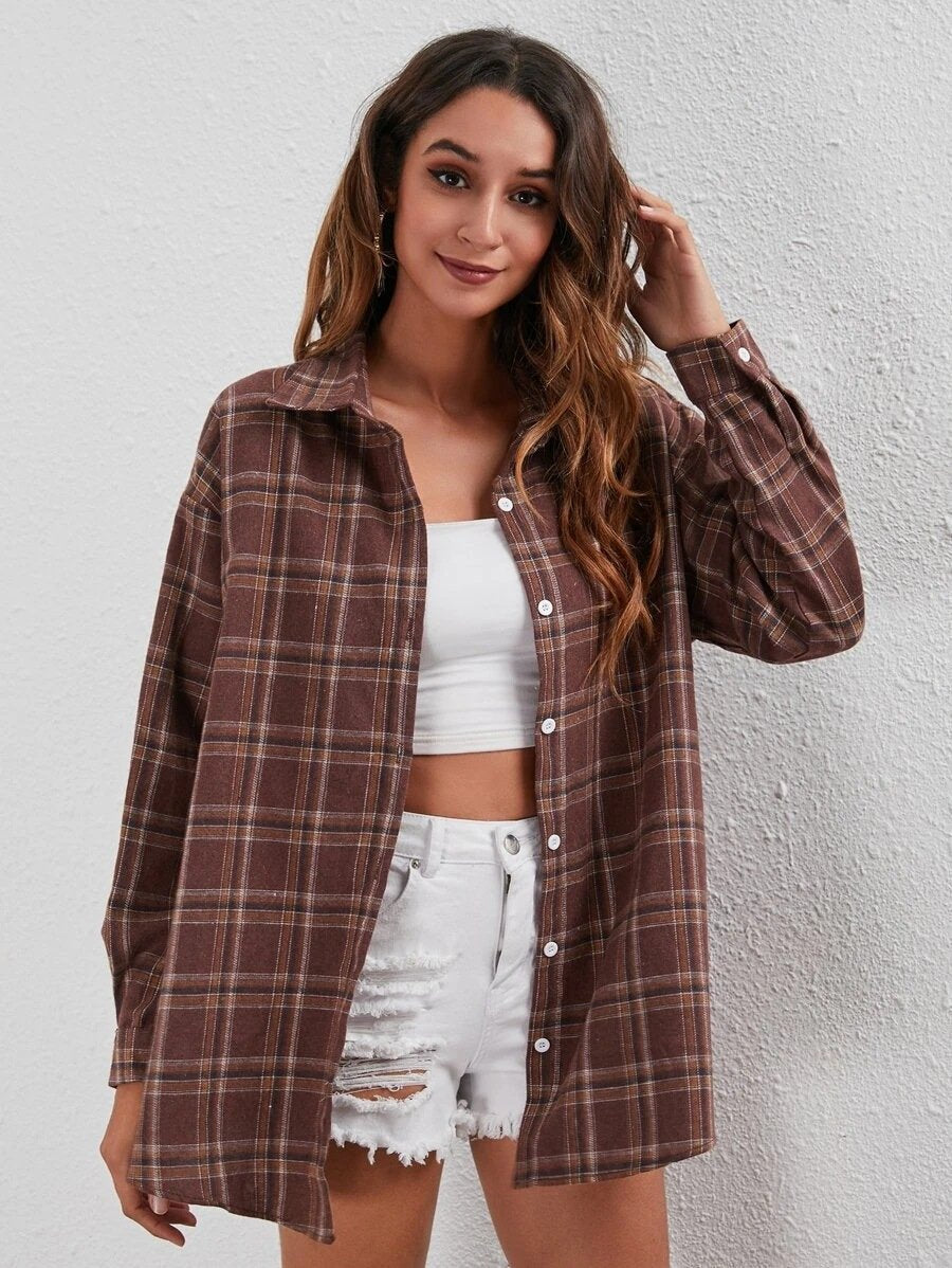 Casual Turnover Collar Plaid Long Sleeves Women Shirts