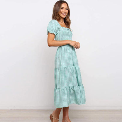 Sweet High Waist Light Green Plaid Long Dresses-STYLEGOING