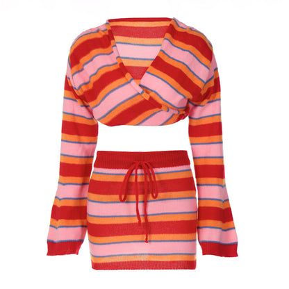 Red Striped Fall Knitted Women Dresses Suits