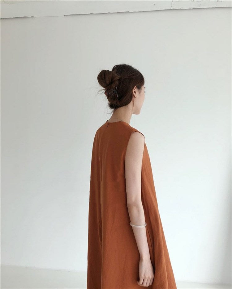 Vintage Cozy Sleeveless Vest Long Dresses with Pockets
