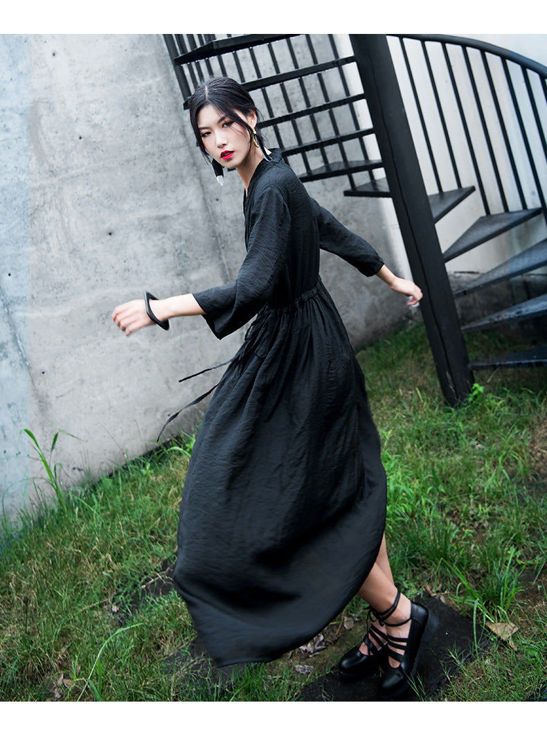 Casual Linen Half Sleeves Drawstring Long Cozy Dresses