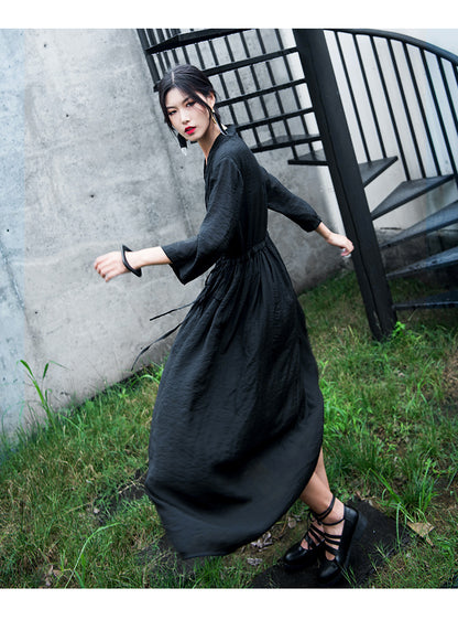 Casual Linen Half Sleeves Drawstring Long Cozy Dresses