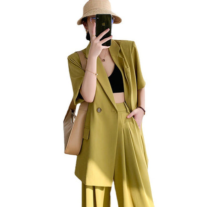 Elegant Short Sleeves Blazer and Wide Leg Pants Summer Outfits for Women