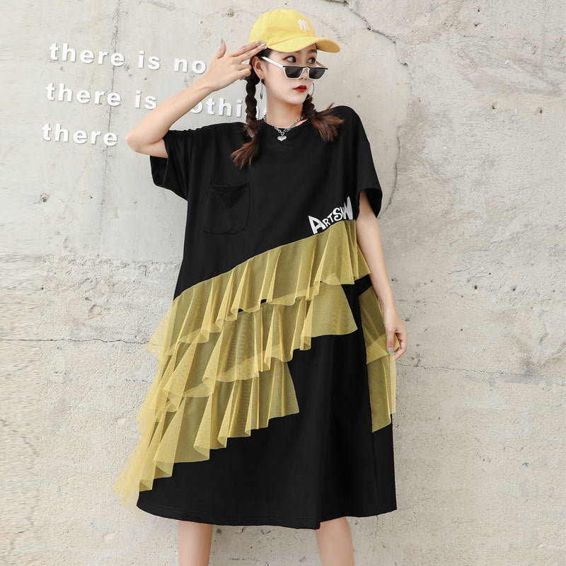 Designed Tulle Decoration Summer Women Loose Plus Sizes Midi Dresses