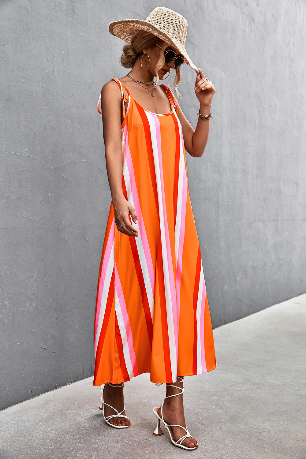 Sexy Backless Striped Long Sleeveless Dresses