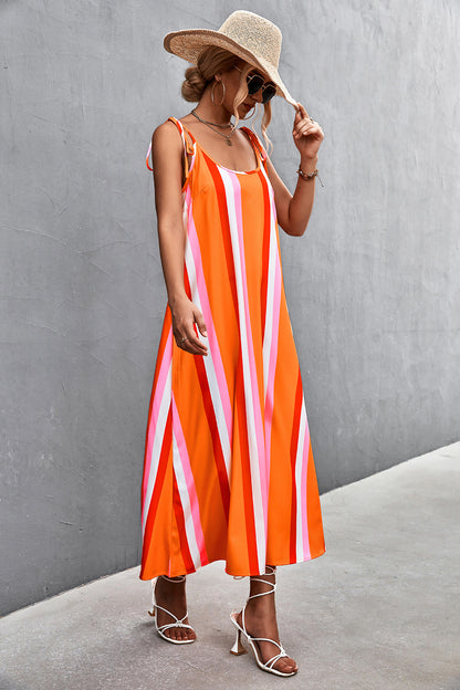 Sexy Backless Striped Long Sleeveless Dresses