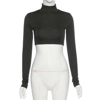 Sexy Long Sleeves High Neck Middriff Baring Women Tops